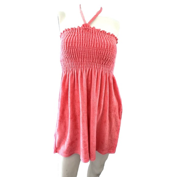 Aeropostale Terry Cloth Cover Up Dress Women Large Coral Romper Smocked Halter - Picture 2 of 7